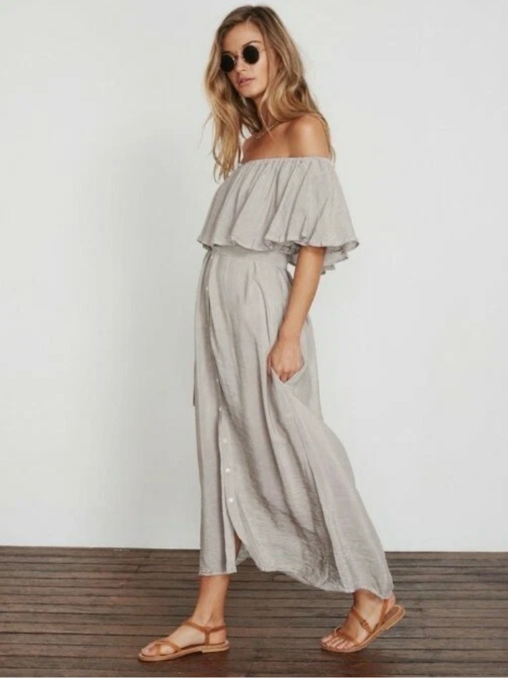 Faithfull the Brand Light Gray striped Off-the-Shoulder Ruffle Maxi Dress